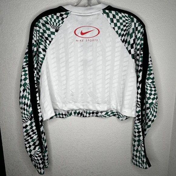 Nike Shirt Womens Medium Green Black Checkered Loose Fit Cropped Long Sleeve - Picture 4 of 14